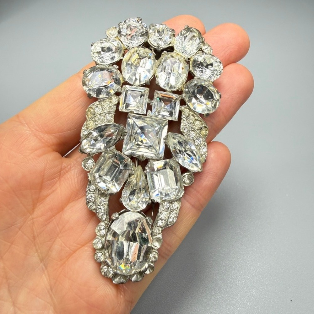 Vintage Art Deco Clear Rhinestone Fur Clip 3" Large Wedding Bling